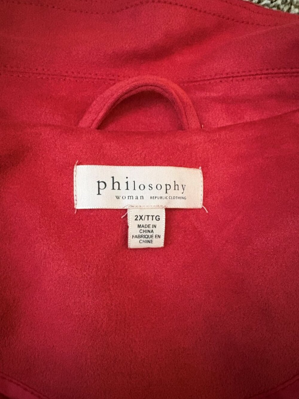 Philosophy Red Faux Suede Jacket Size 2X Open Front Zip Pocket - Picture 4 of 5